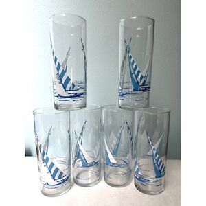 Vintage Sailboats & Seagulls Libbey Clear Drinking Glasses Set/6 Summer Decor 6"